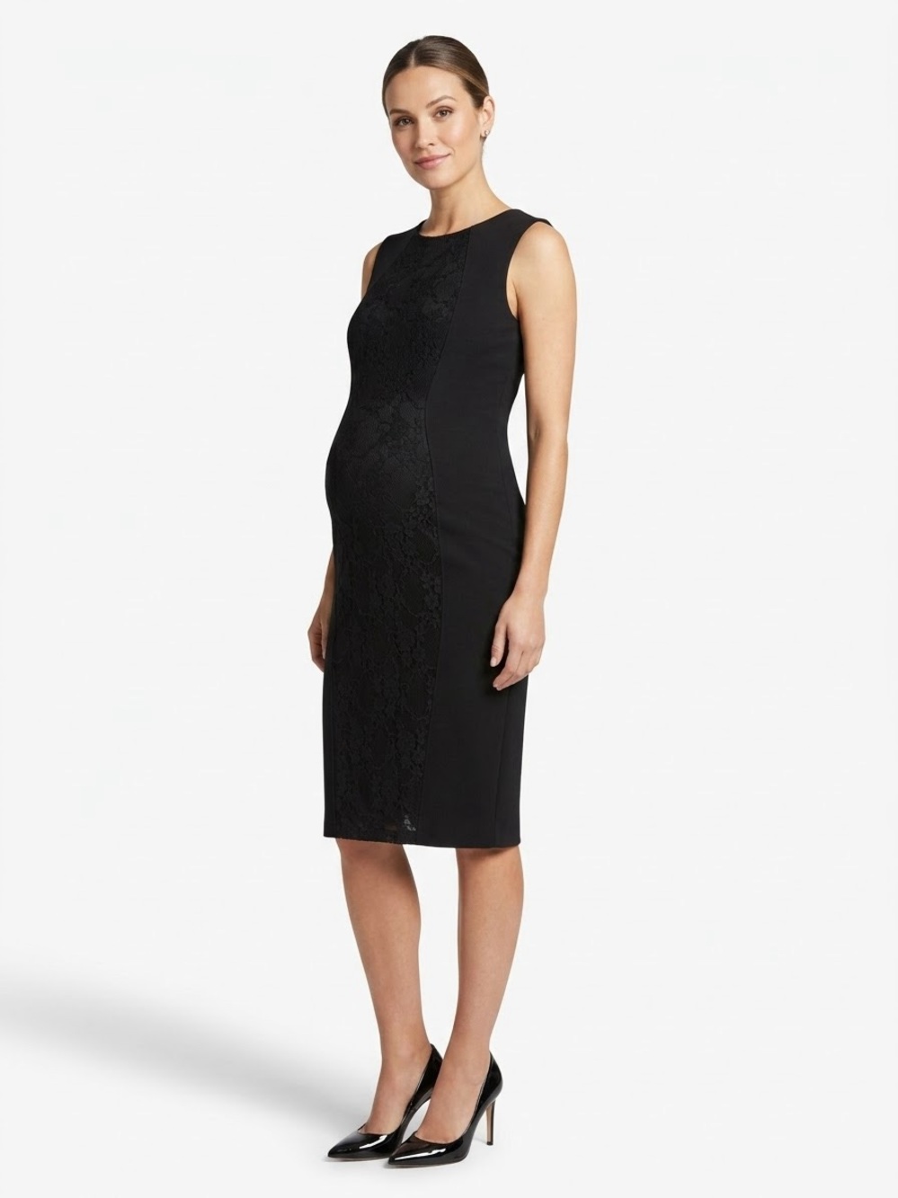 Sleeveless Black Lace-Panel Maternity Dress